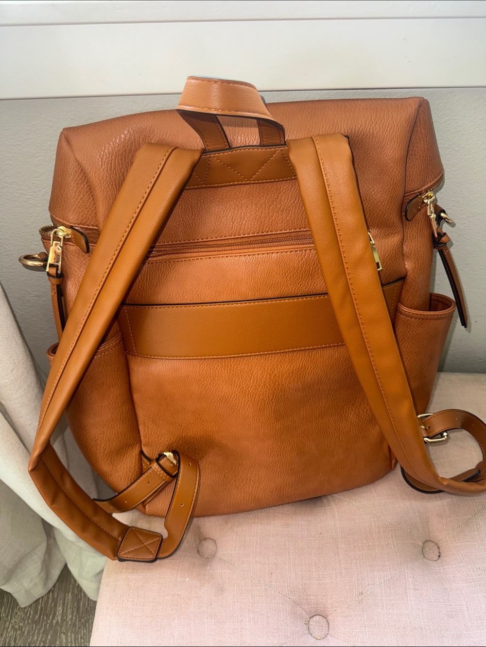 Poppy & Peonies NWOT Commuter Backpack Weekender bag Cognac MISSING STRAP brown - Picture 11 of 12